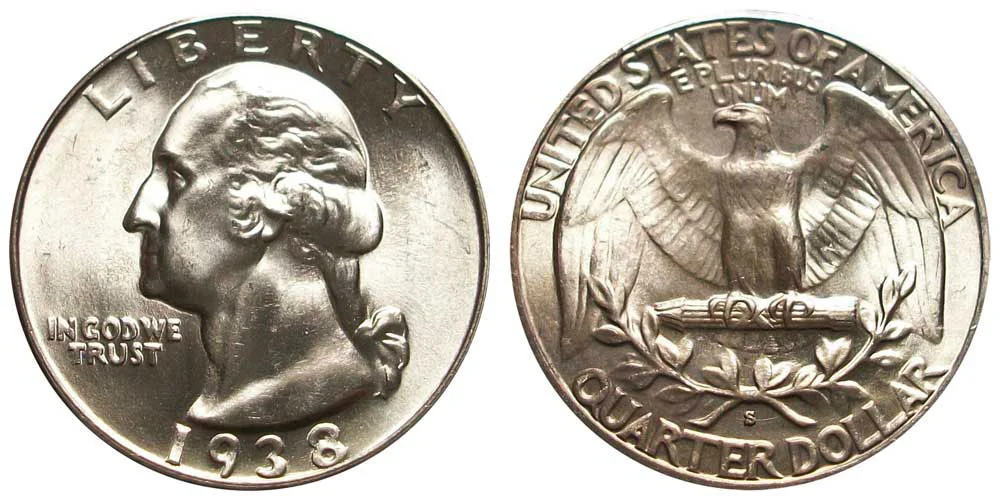 1938 Washington quarter obverse and reverse showing George Washington portrait and eagle design