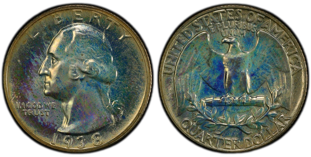 1938 Washington quarter comparison: business strike (top) versus Proof (bottom) showing mirror fields and frosted portrait contrast