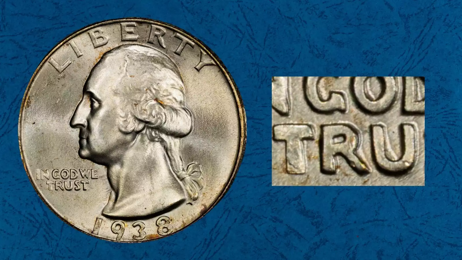 1938 Washington quarter Doubled Die Obverse close-up showing doubling in IN GOD WE TRUST lettering