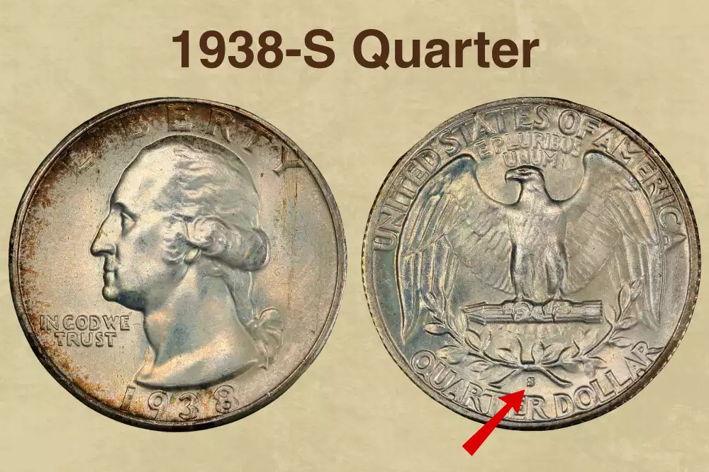 1938-S Washington quarter Repunched Mint Mark close-up showing secondary S impression on reverse