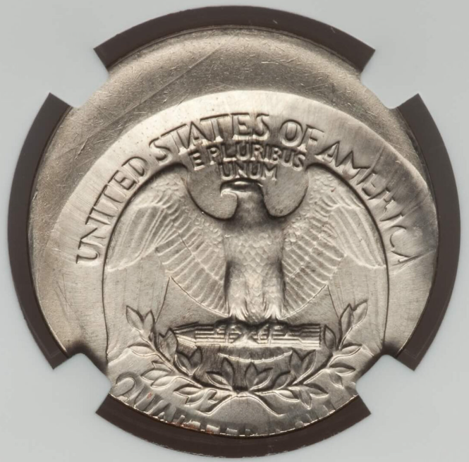 1938 Washington quarter off-center strike error showing misaligned design and blank planchet crescent