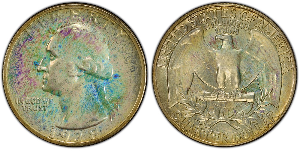 1938 Washington quarter grading strip showing four condition tiers: Good, Fine, AU, and Gem Mint State